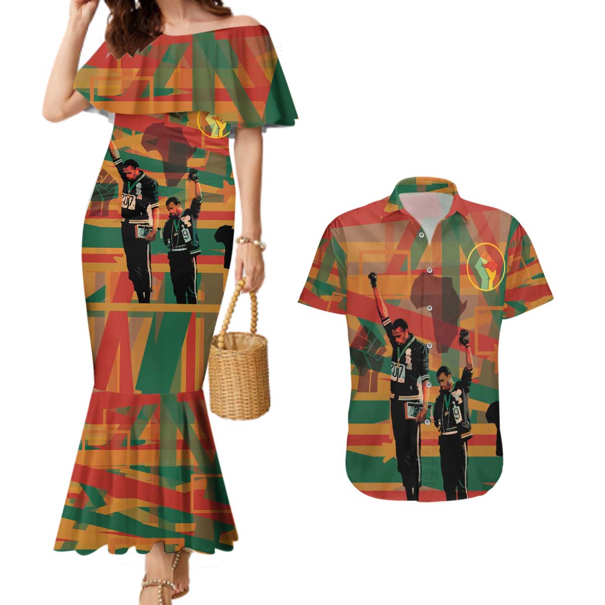 Black Power Fists of Freedom Couples Matching Mermaid Dress and Hawaiian Shirt African American 1968