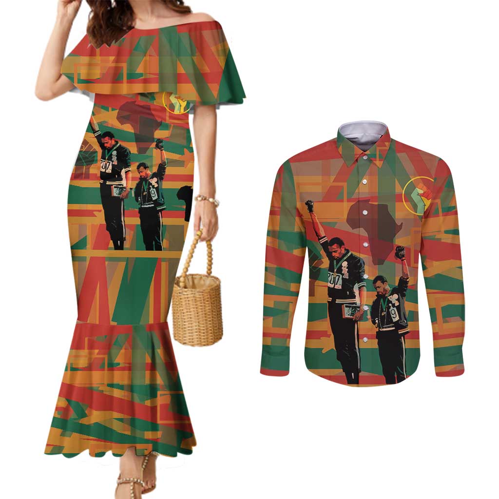 Black Power Fists of Freedom Couples Matching Mermaid Dress and Long Sleeve Button Shirt African American 1968