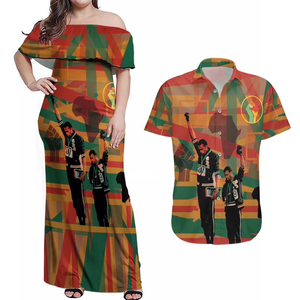 Black Power Fists of Freedom Couples Matching Off Shoulder Maxi Dress and Hawaiian Shirt African American 1968
