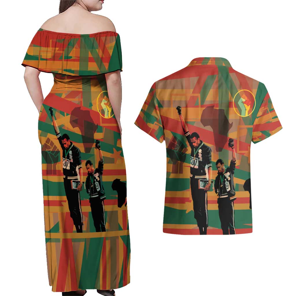 Black Power Fists of Freedom Couples Matching Off Shoulder Maxi Dress and Hawaiian Shirt African American 1968