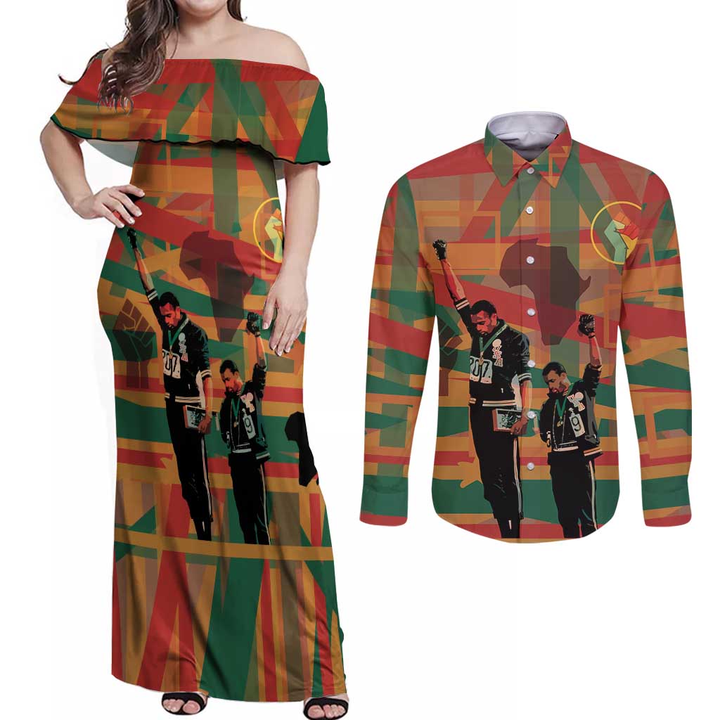 Black Power Fists of Freedom Couples Matching Off Shoulder Maxi Dress and Long Sleeve Button Shirt African American 1968