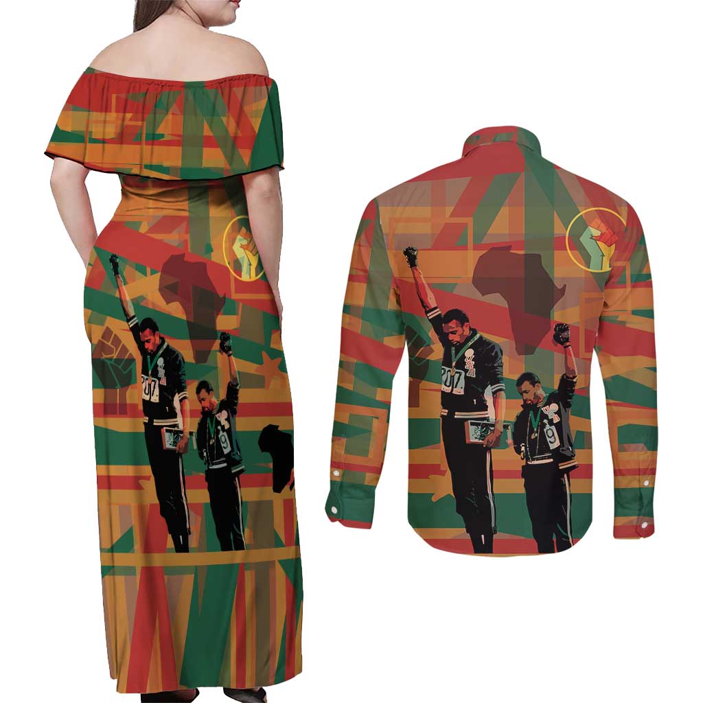 Black Power Fists of Freedom Couples Matching Off Shoulder Maxi Dress and Long Sleeve Button Shirt African American 1968