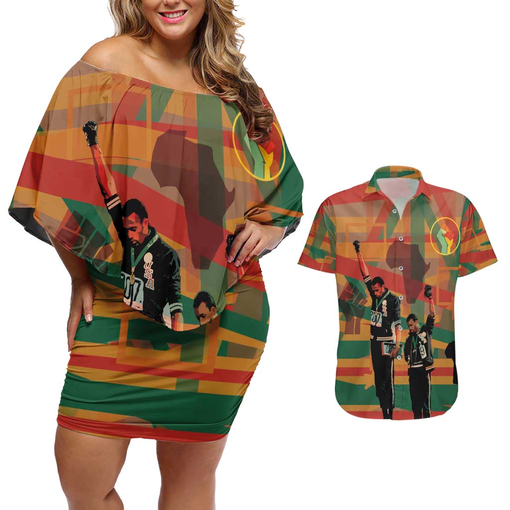 Black Power Fists of Freedom Couples Matching Off Shoulder Short Dress and Hawaiian Shirt African American 1968