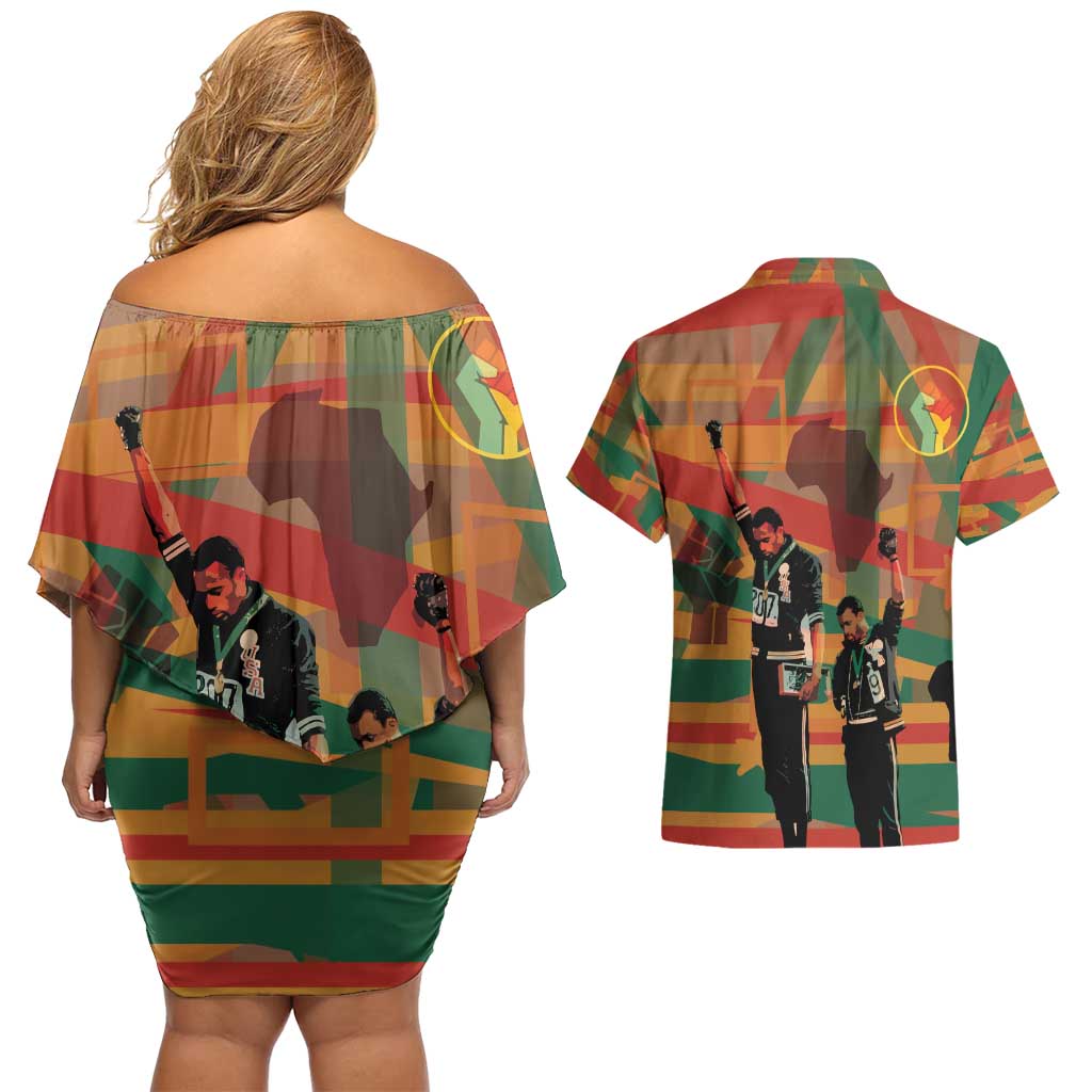 Black Power Fists of Freedom Couples Matching Off Shoulder Short Dress and Hawaiian Shirt African American 1968