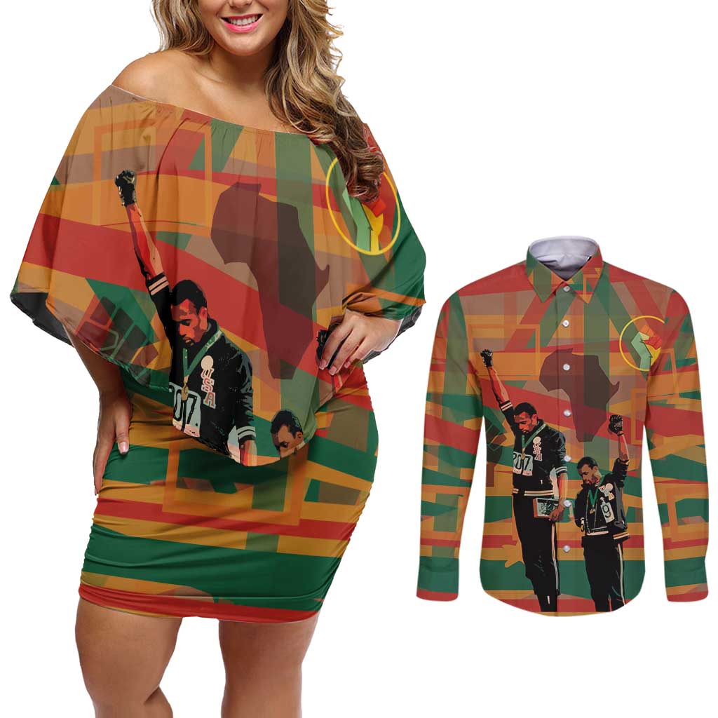 Black Power Fists of Freedom Couples Matching Off Shoulder Short Dress and Long Sleeve Button Shirt African American 1968