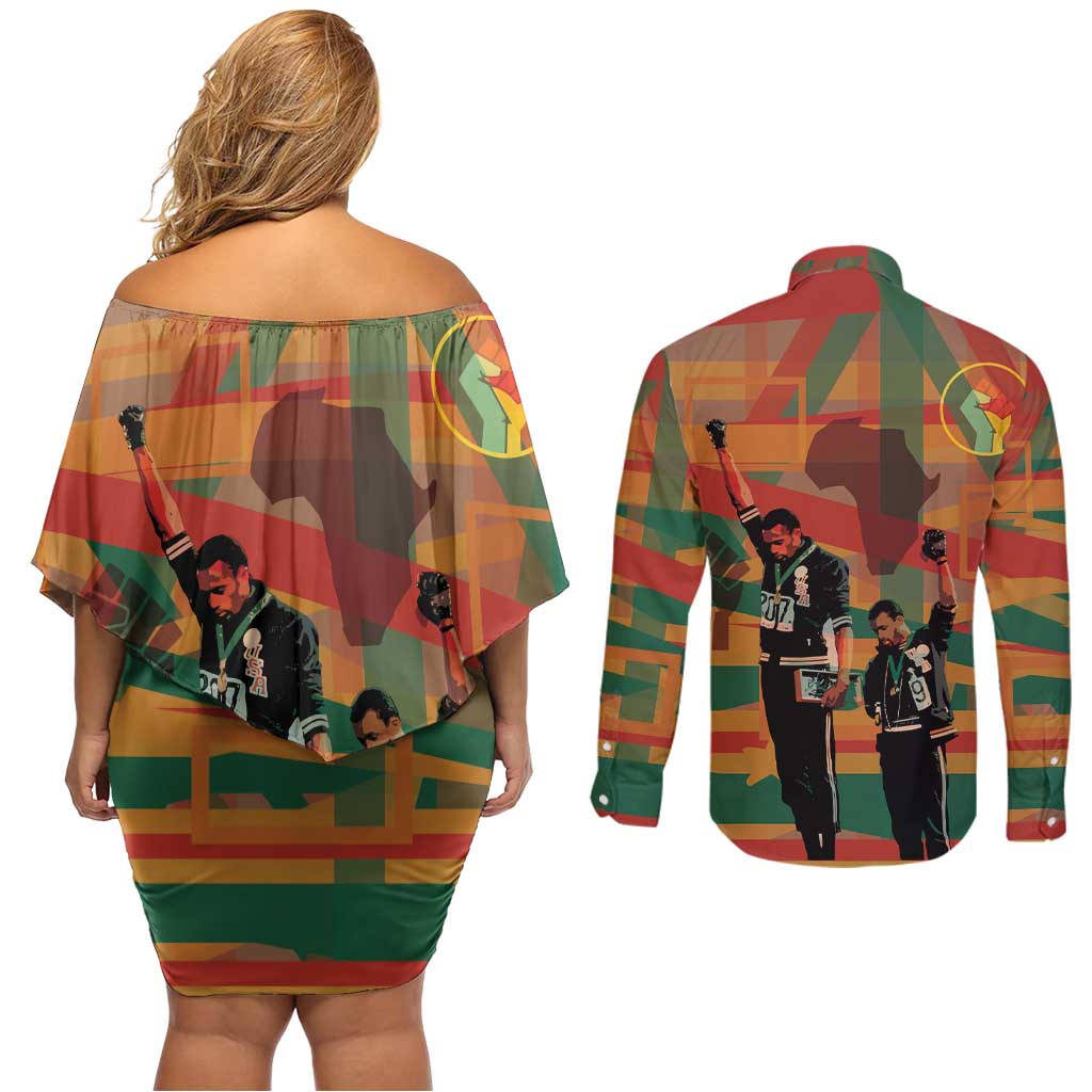 Black Power Fists of Freedom Couples Matching Off Shoulder Short Dress and Long Sleeve Button Shirt African American 1968