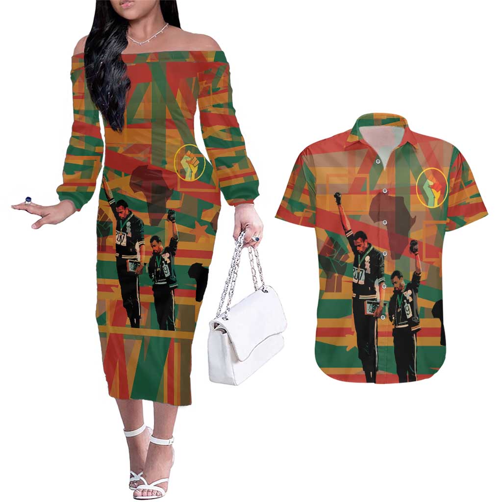 Black Power Fists of Freedom Couples Matching Off The Shoulder Long Sleeve Dress and Hawaiian Shirt African American 1968