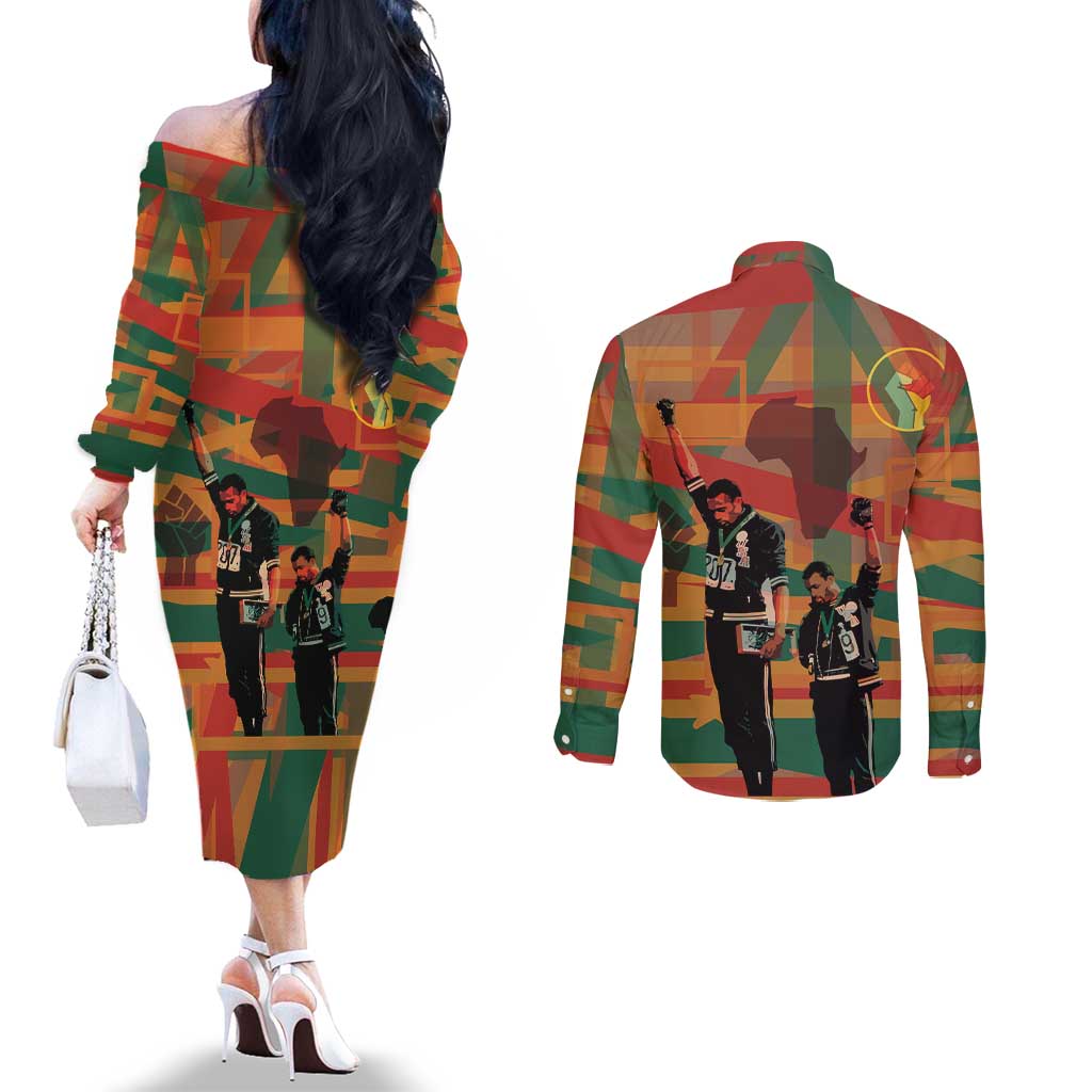 Black Power Fists of Freedom Couples Matching Off The Shoulder Long Sleeve Dress and Long Sleeve Button Shirt African American 1968