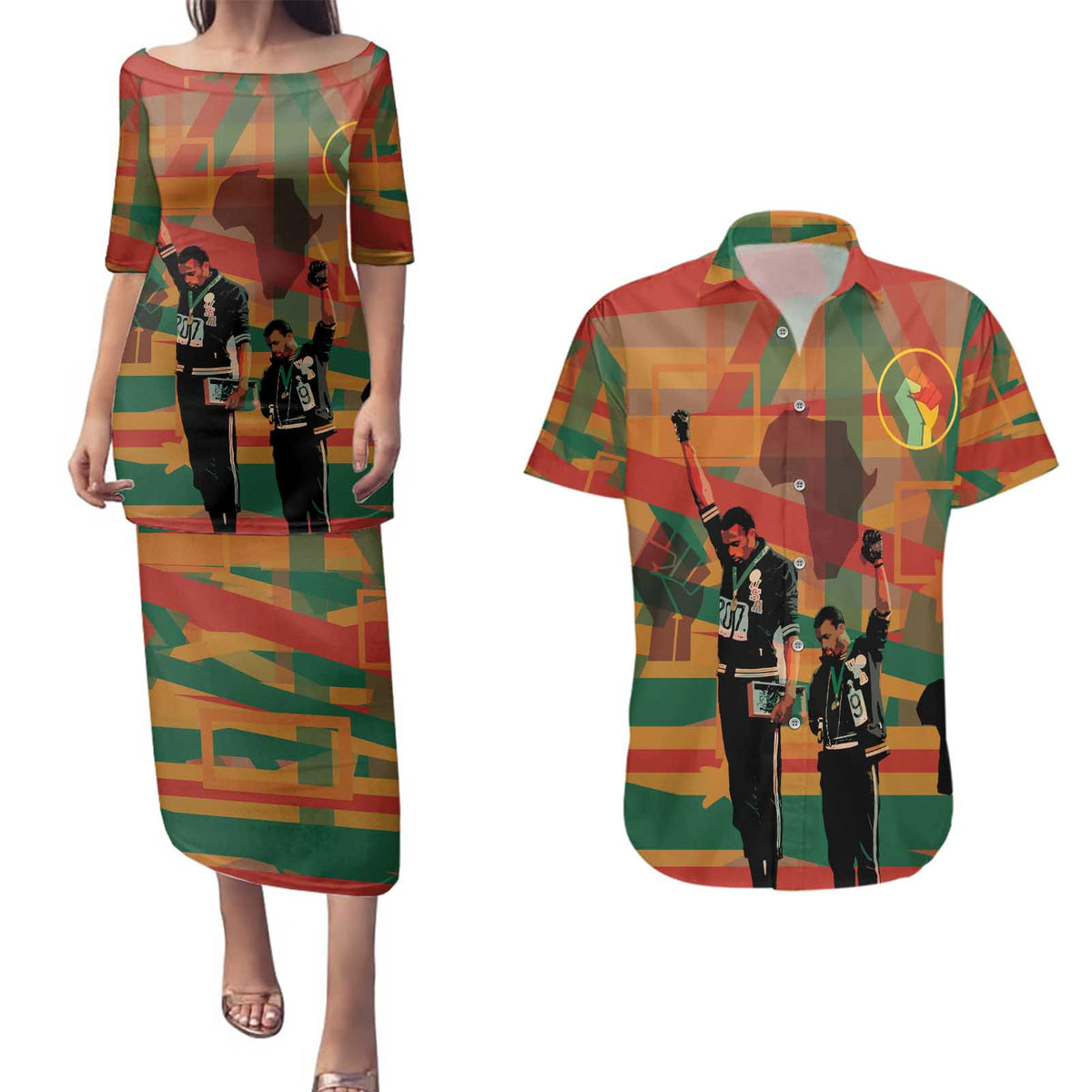 Black Power Fists of Freedom Couples Matching Puletasi and Hawaiian Shirt African American 1968
