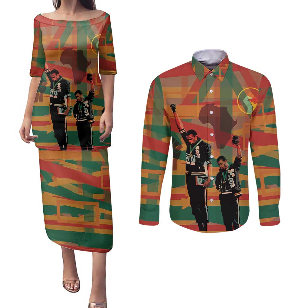 Black Power Fists of Freedom Couples Matching Puletasi and Long Sleeve Button Shirt African American 1968