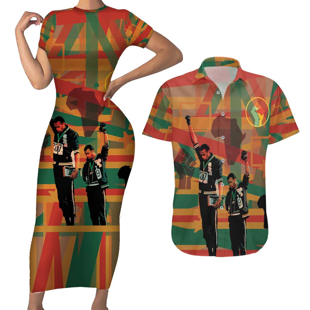 Black Power Fists of Freedom Couples Matching Short Sleeve Bodycon Dress and Hawaiian Shirt African American 1968