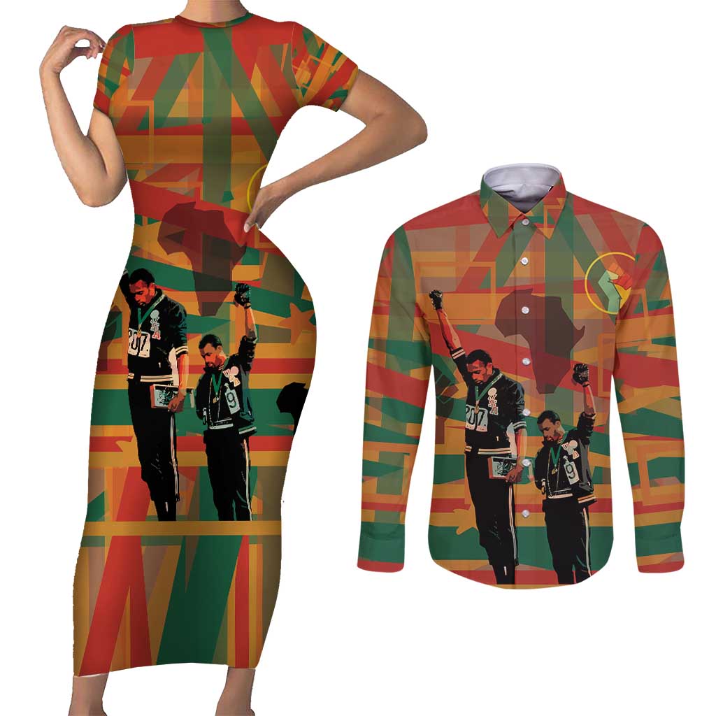 Black Power Fists of Freedom Couples Matching Short Sleeve Bodycon Dress and Long Sleeve Button Shirt African American 1968