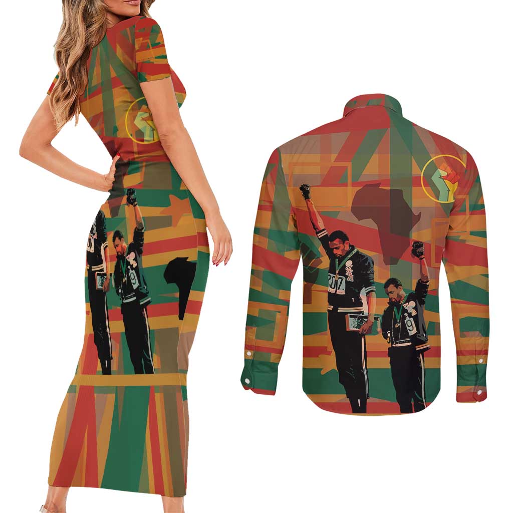 Black Power Fists of Freedom Couples Matching Short Sleeve Bodycon Dress and Long Sleeve Button Shirt African American 1968