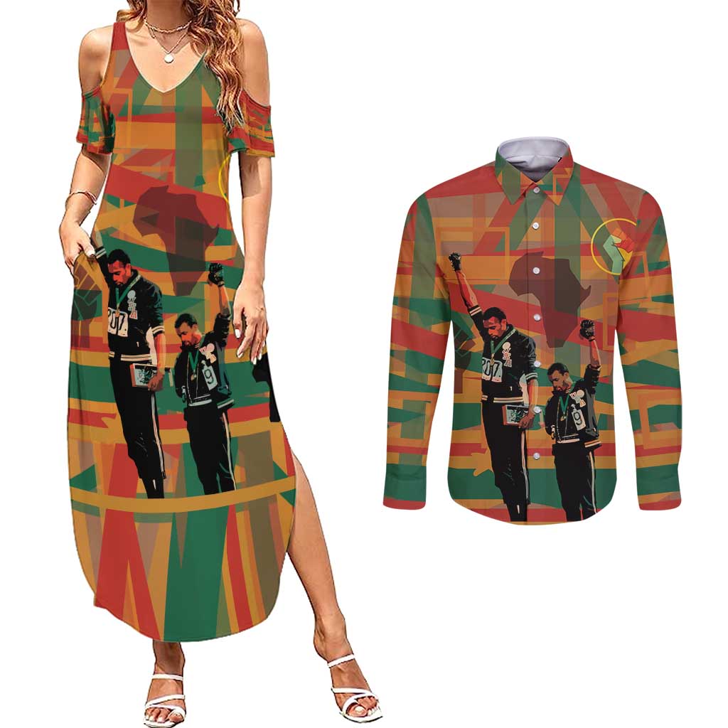 Black Power Fists of Freedom Couples Matching Summer Maxi Dress and Long Sleeve Button Shirt African American 1968