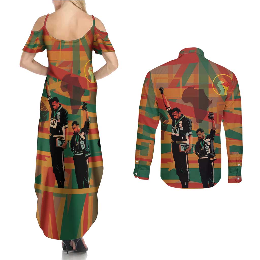 Black Power Fists of Freedom Couples Matching Summer Maxi Dress and Long Sleeve Button Shirt African American 1968