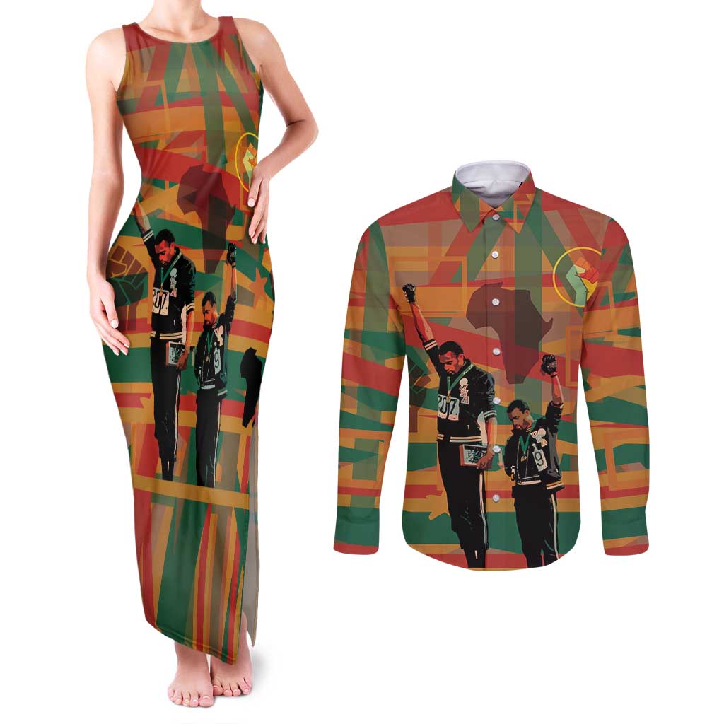 Black Power Fists of Freedom Couples Matching Tank Maxi Dress and Long Sleeve Button Shirt African American 1968