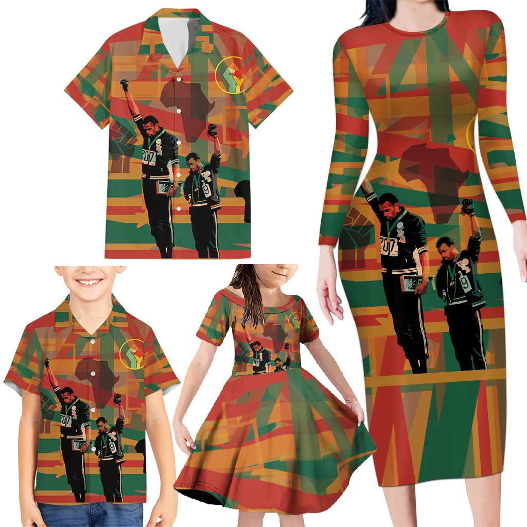 Black Power Fists of Freedom Family Matching Long Sleeve Bodycon Dress and Hawaiian Shirt African American 1968