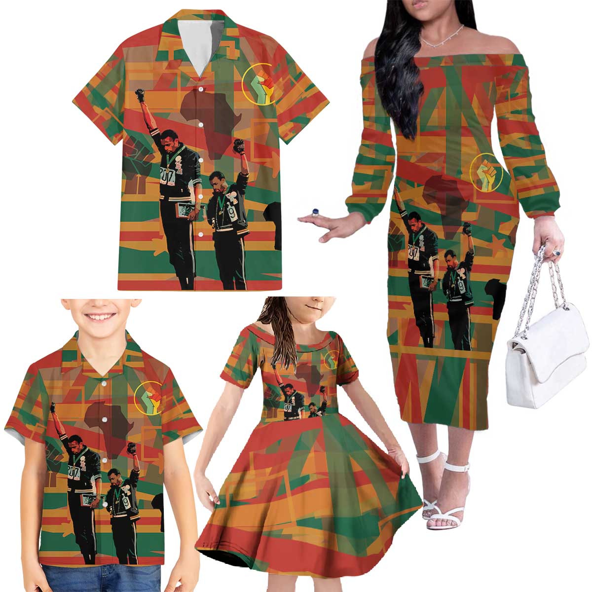 Black Power Fists of Freedom Family Matching Off The Shoulder Long Sleeve Dress and Hawaiian Shirt African American 1968
