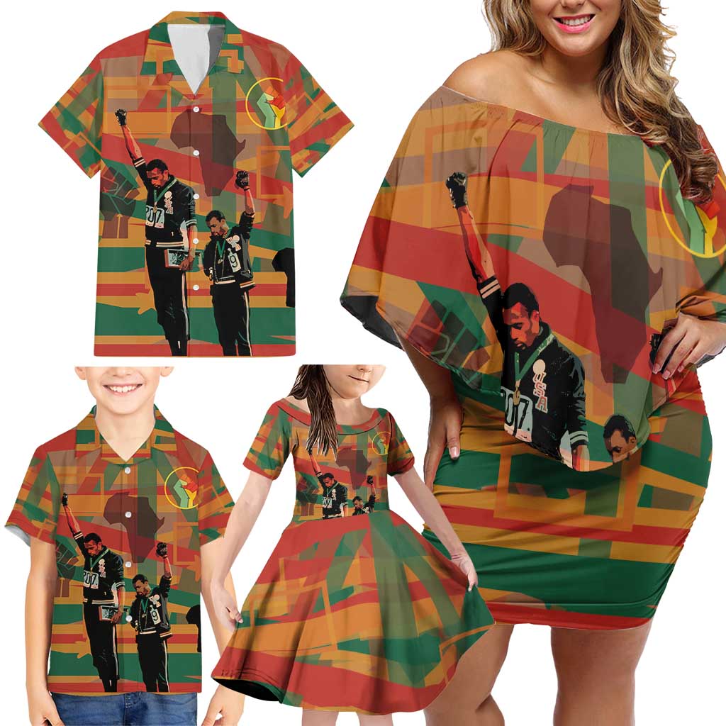 Black Power Fists of Freedom Family Matching Off Shoulder Short Dress and Hawaiian Shirt African American 1968