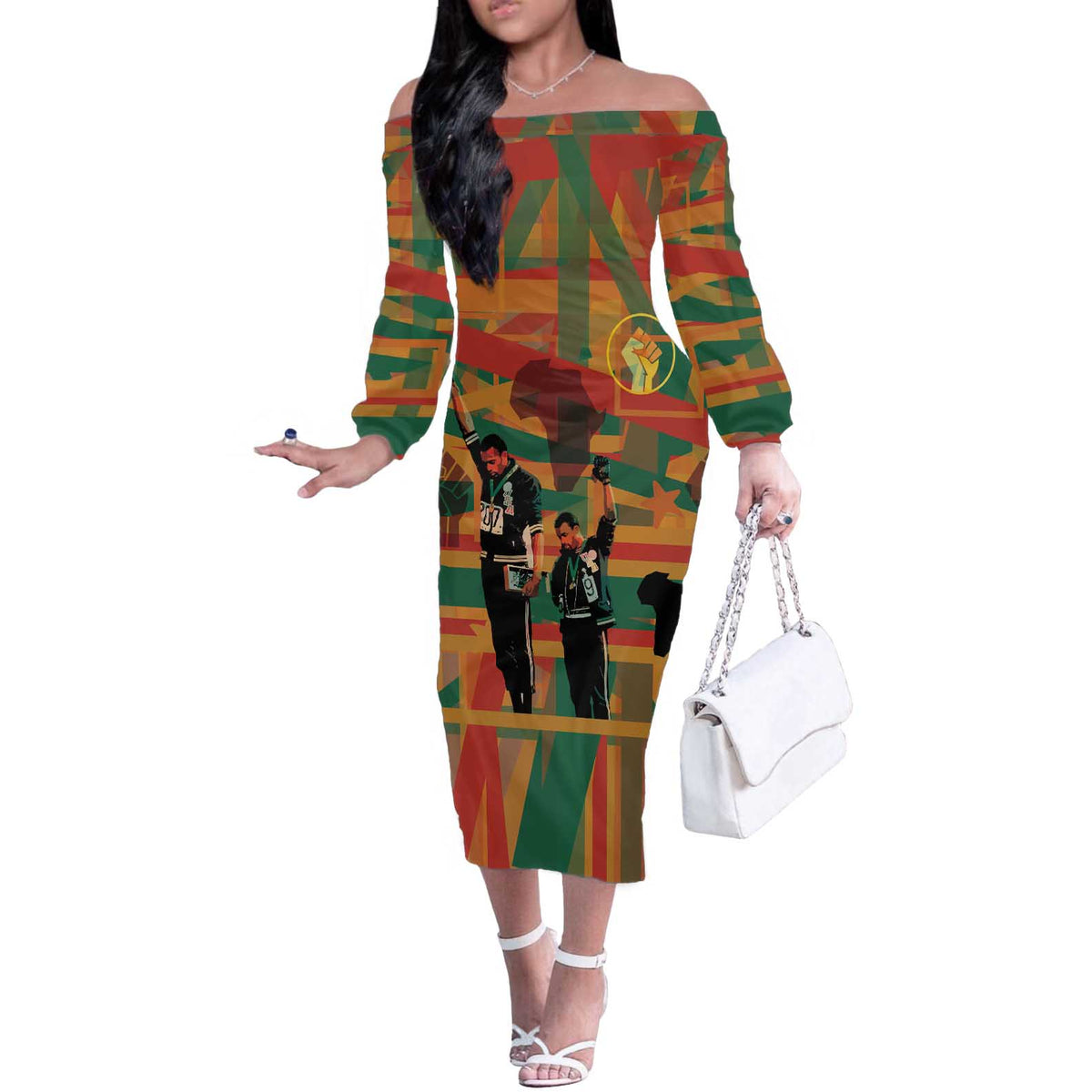 Black Power Fists of Freedom Off The Shoulder Long Sleeve Dress African American 1968