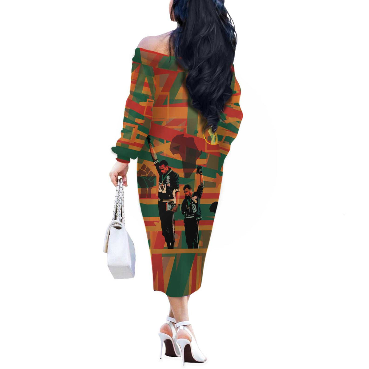 Black Power Fists of Freedom Off The Shoulder Long Sleeve Dress African American 1968