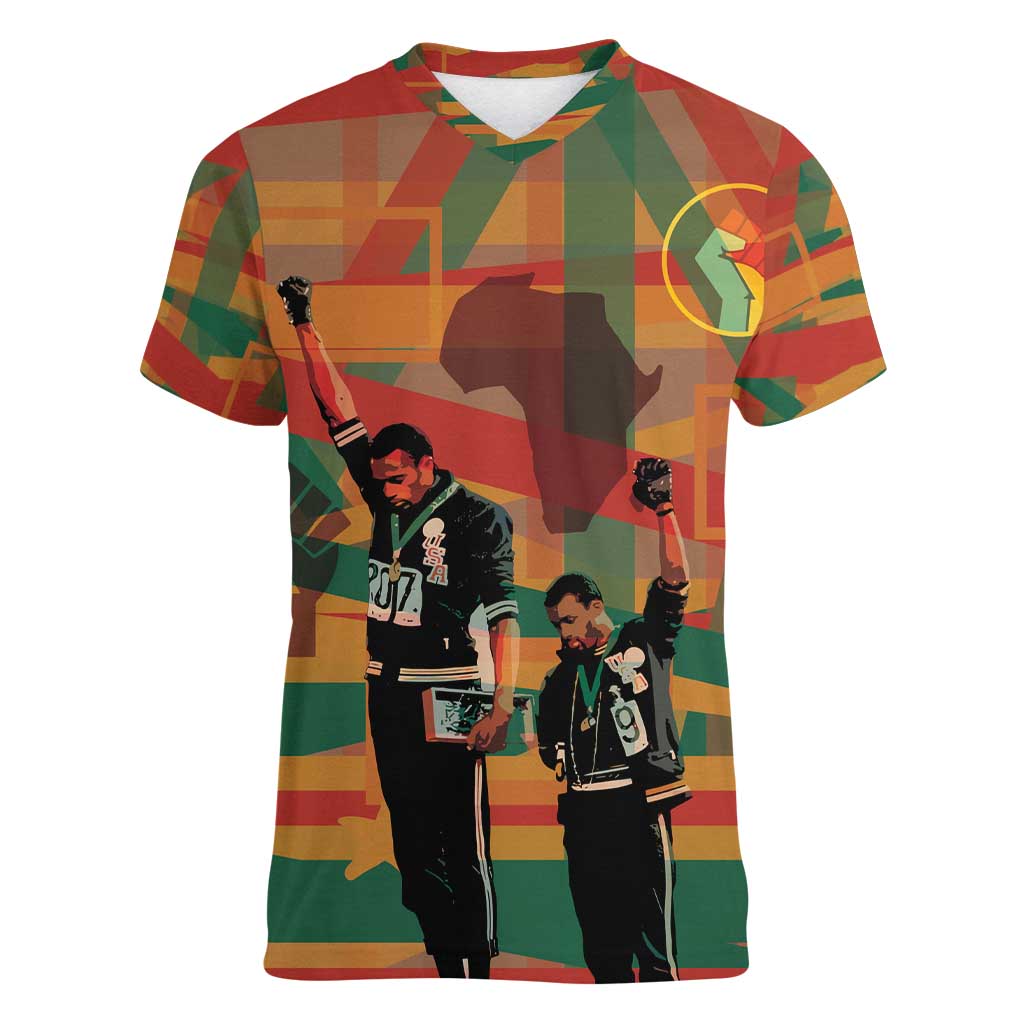 Black Power Fists of Freedom Women V-Neck T-Shirt African American 1968