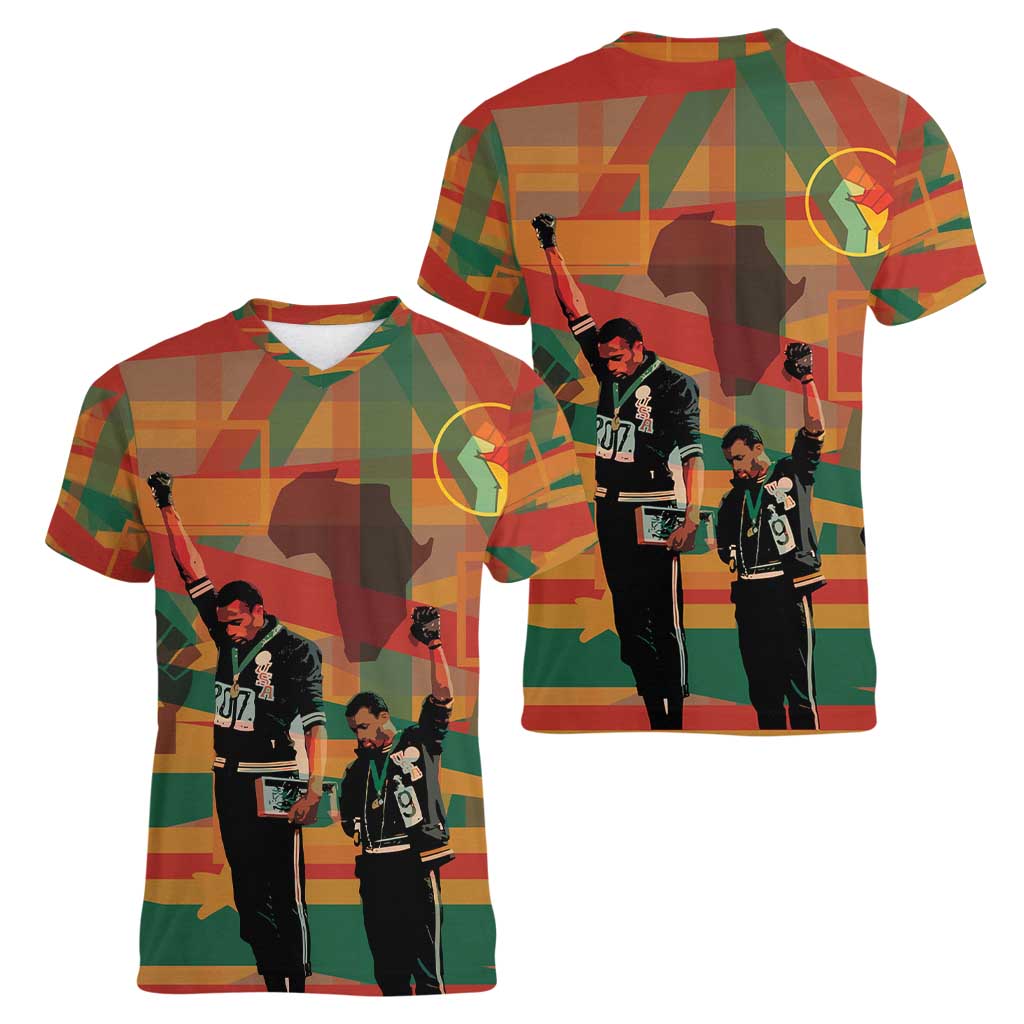 Black Power Fists of Freedom Women V-Neck T-Shirt African American 1968