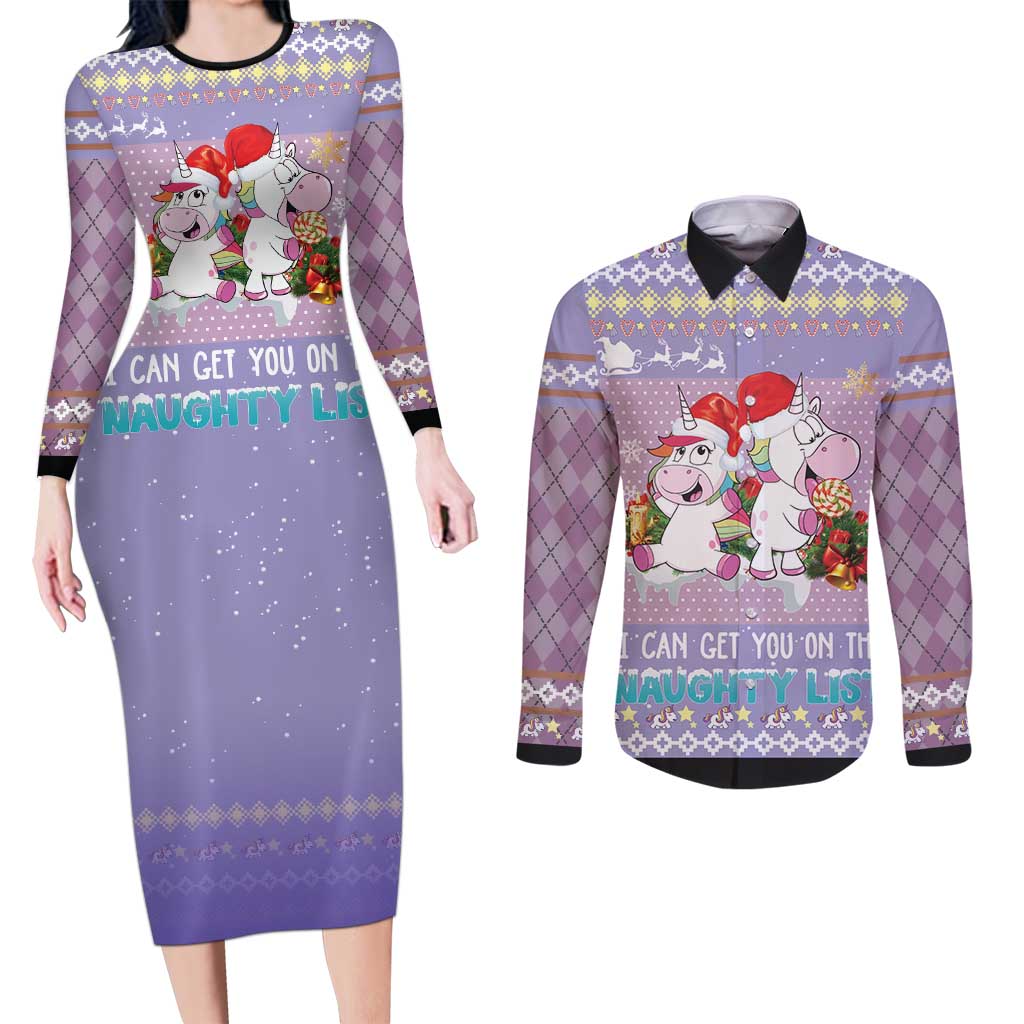 Unicorn Naughty List Couples Matching Long Sleeve Bodycon Dress and Long Sleeve Button Shirt Christmas Funny - Wonder Print Shop