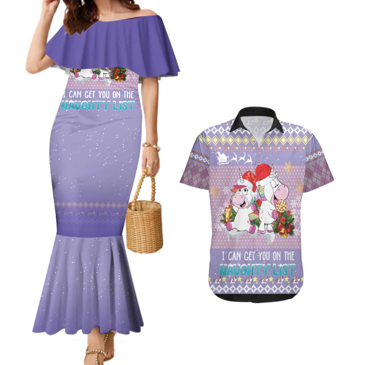 Unicorn Naughty List Couples Matching Mermaid Dress and Hawaiian Shirt Christmas Funny - Wonder Print Shop