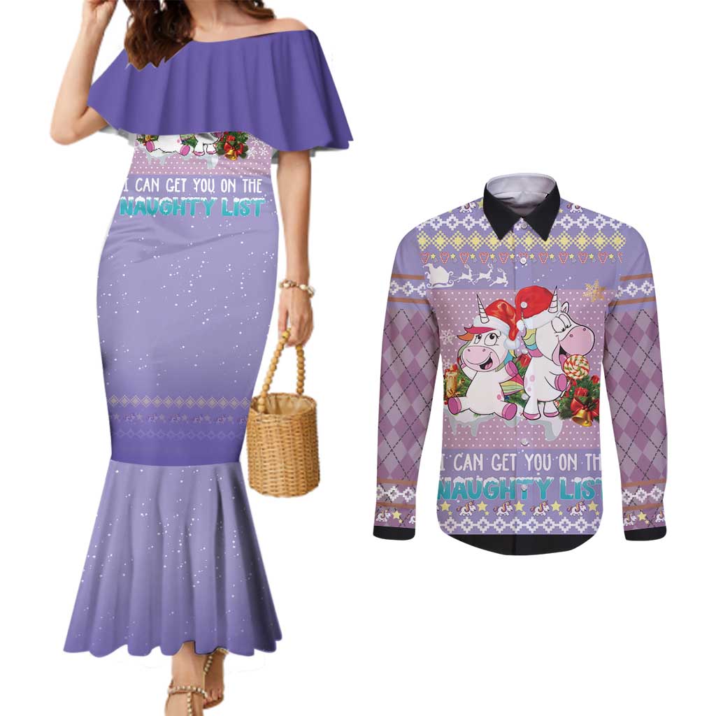 Unicorn Naughty List Couples Matching Mermaid Dress and Long Sleeve Button Shirt Christmas Funny