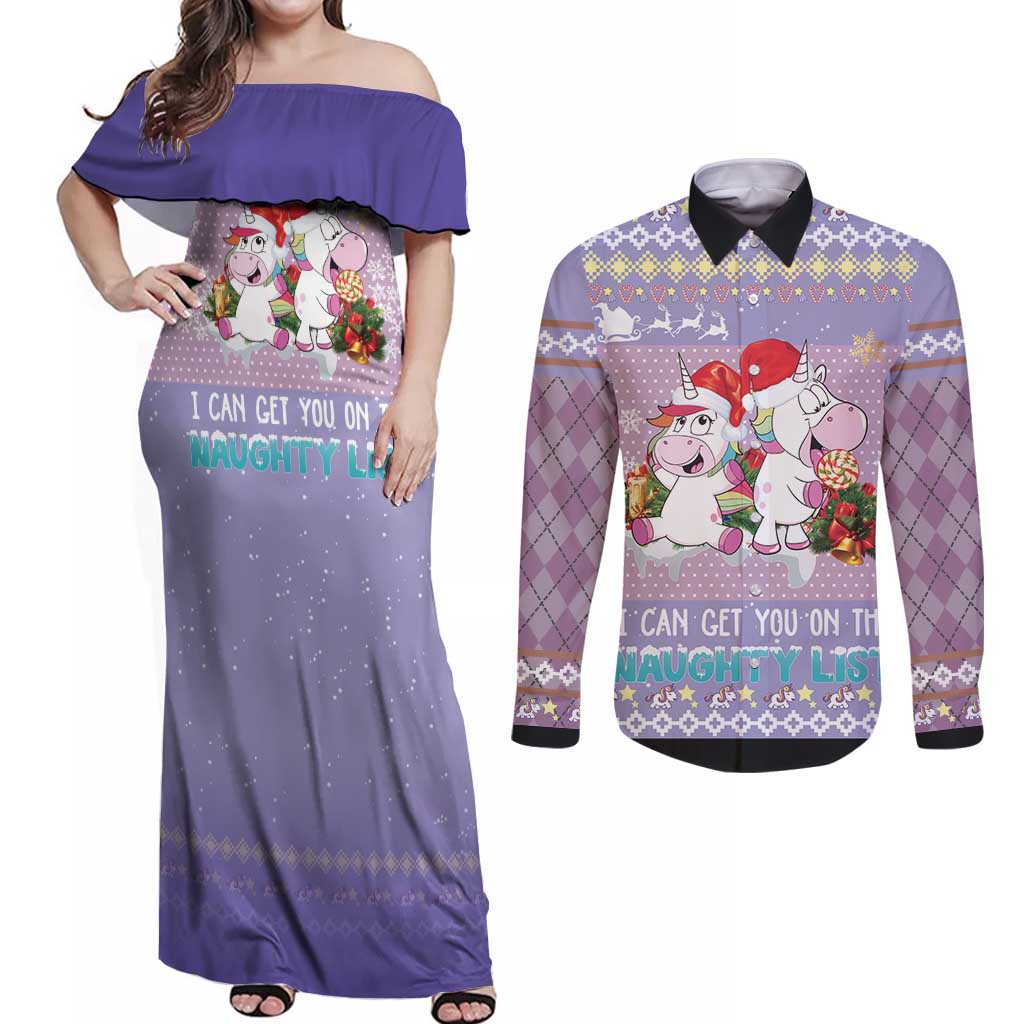 Unicorn Naughty List Couples Matching Off Shoulder Maxi Dress and Long Sleeve Button Shirt Christmas Funny - Wonder Print Shop
