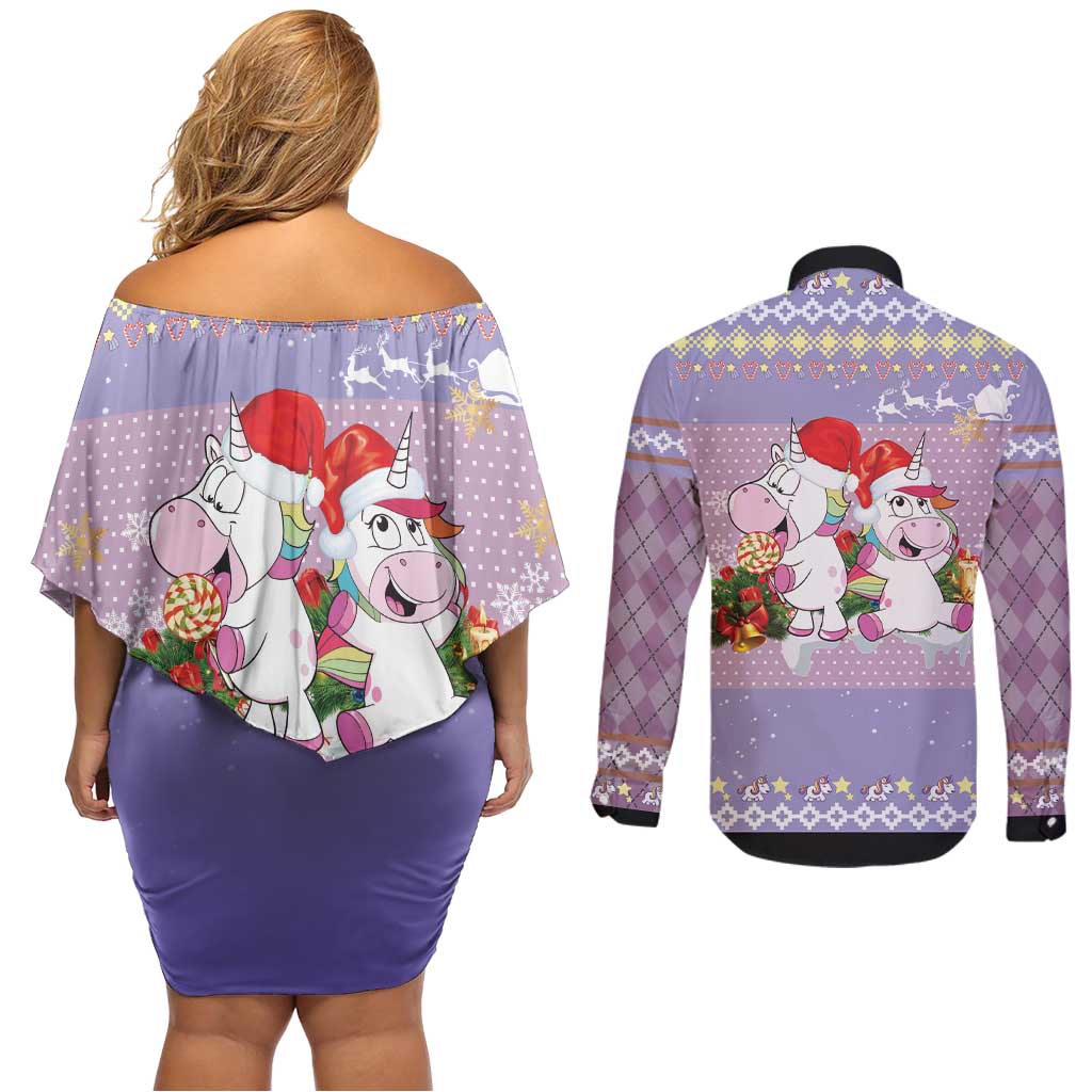 Unicorn Naughty List Couples Matching Off Shoulder Short Dress and Long Sleeve Button Shirt Christmas Funny - Wonder Print Shop