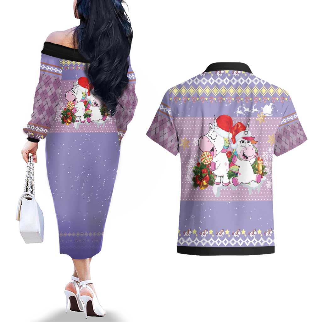 Unicorn Naughty List Couples Matching Off The Shoulder Long Sleeve Dress and Hawaiian Shirt Christmas Funny - Wonder Print Shop