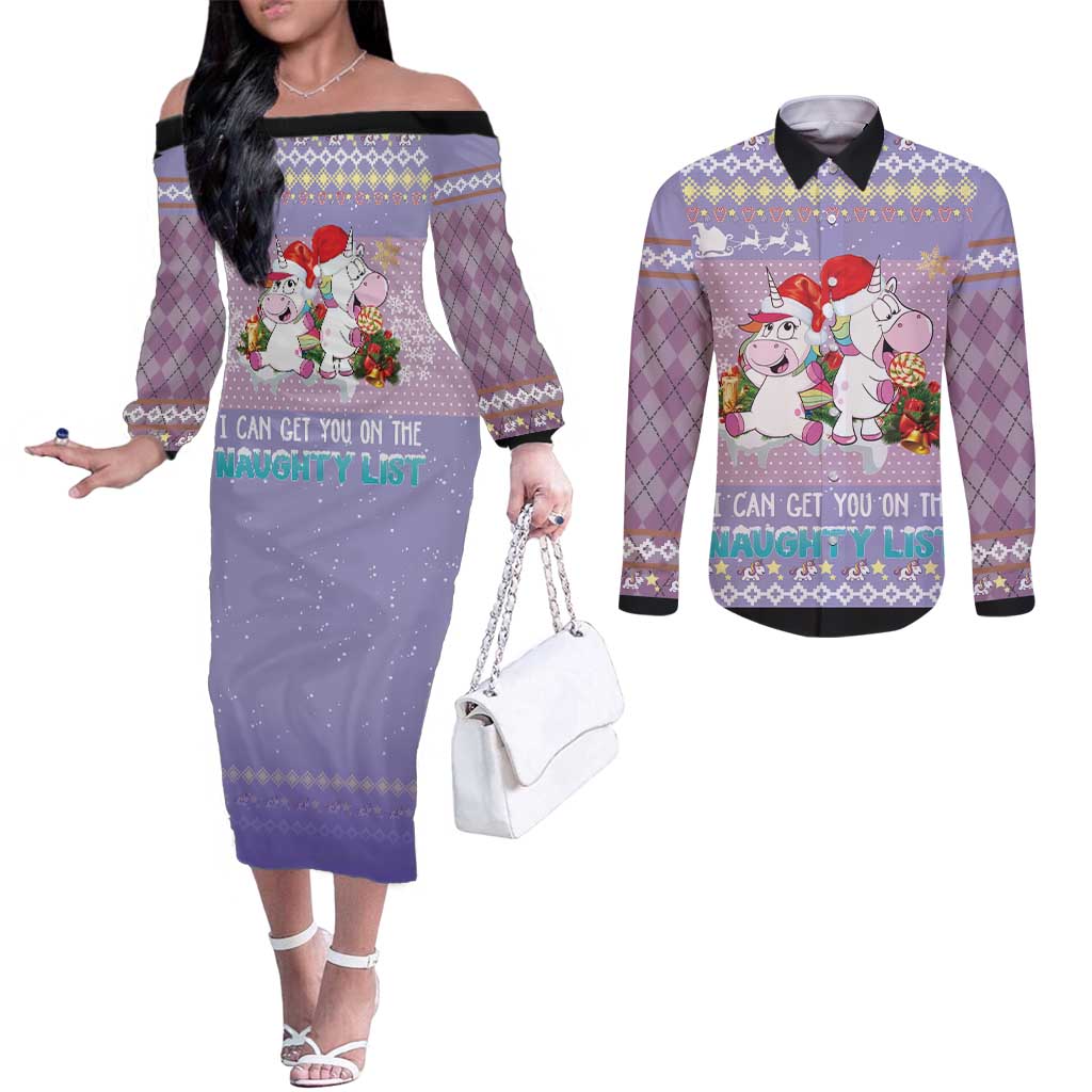 Unicorn Naughty List Couples Matching Off The Shoulder Long Sleeve Dress and Long Sleeve Button Shirt Christmas Funny
