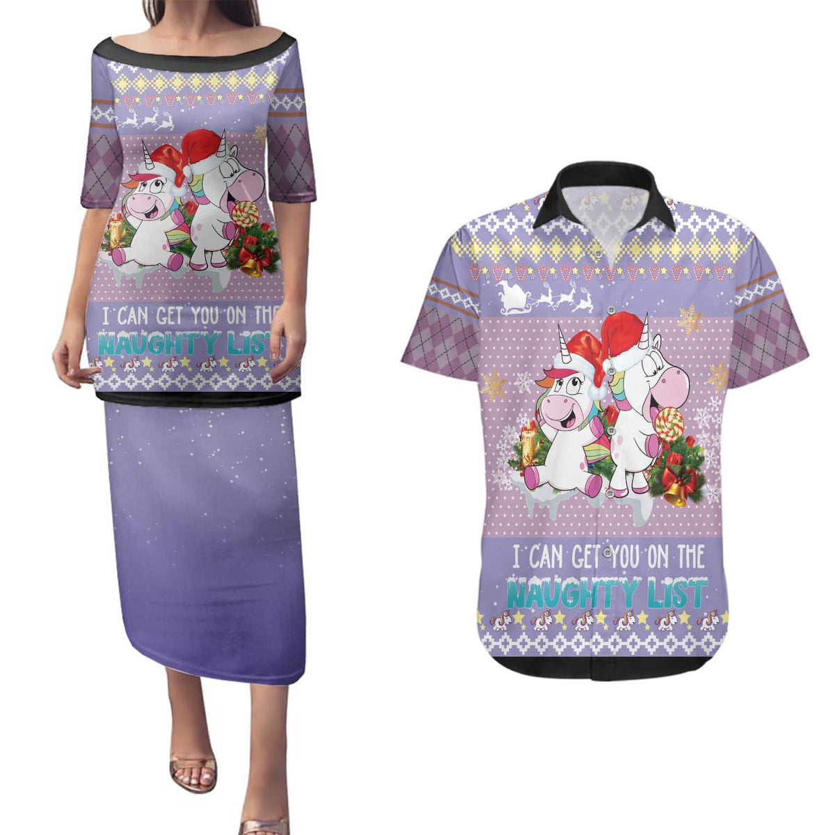 Unicorn Naughty List Couples Matching Puletasi and Hawaiian Shirt Christmas Funny - Wonder Print Shop
