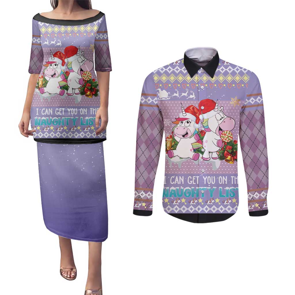 Unicorn Naughty List Couples Matching Puletasi and Long Sleeve Button Shirt Christmas Funny - Wonder Print Shop