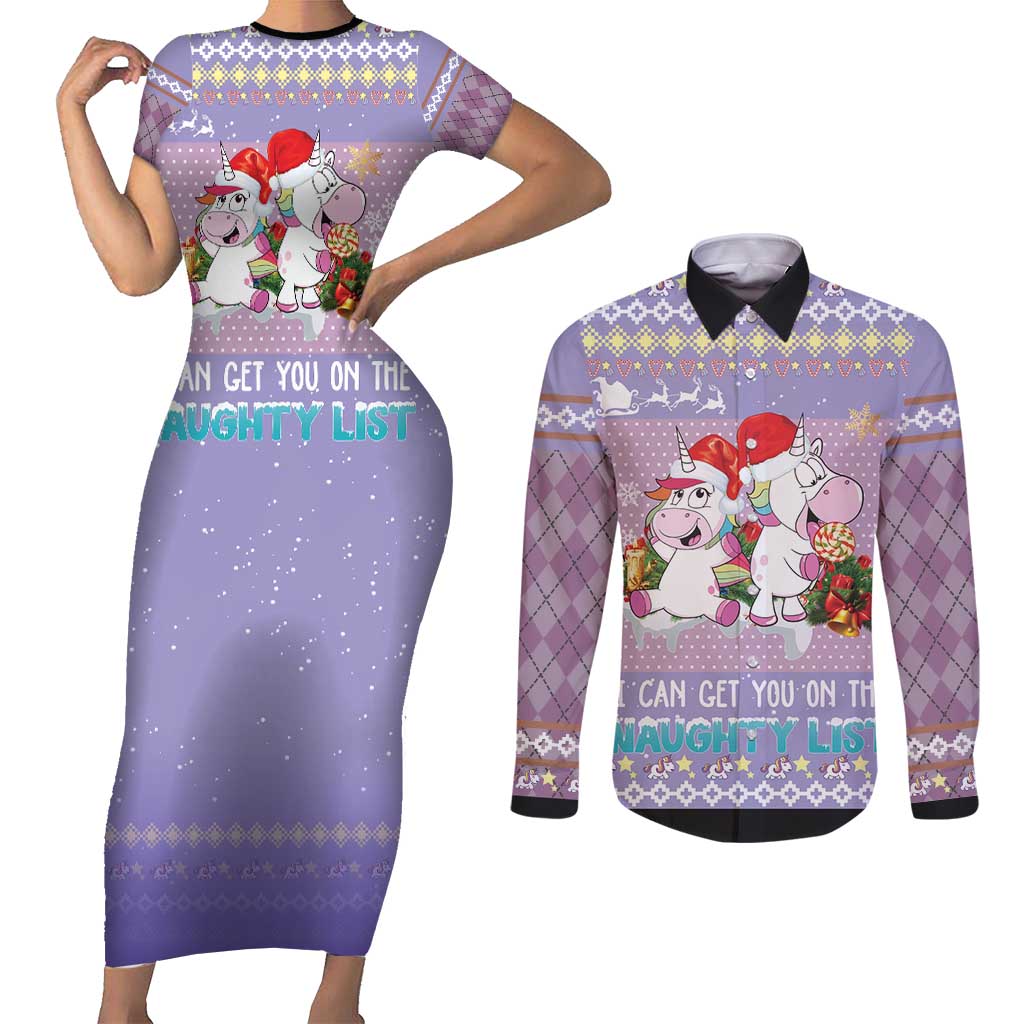 Unicorn Naughty List Couples Matching Short Sleeve Bodycon Dress and Long Sleeve Button Shirt Christmas Funny - Wonder Print Shop