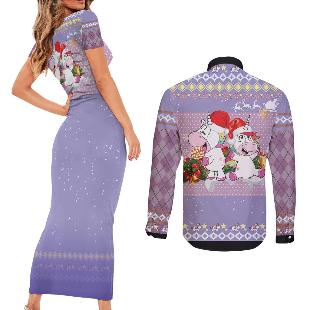 Unicorn Naughty List Couples Matching Short Sleeve Bodycon Dress and Long Sleeve Button Shirt Christmas Funny - Wonder Print Shop