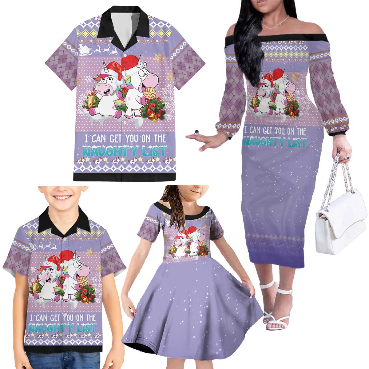 Unicorn Naughty List Family Matching Off The Shoulder Long Sleeve Dress and Hawaiian Shirt Christmas Funny - Wonder Print Shop
