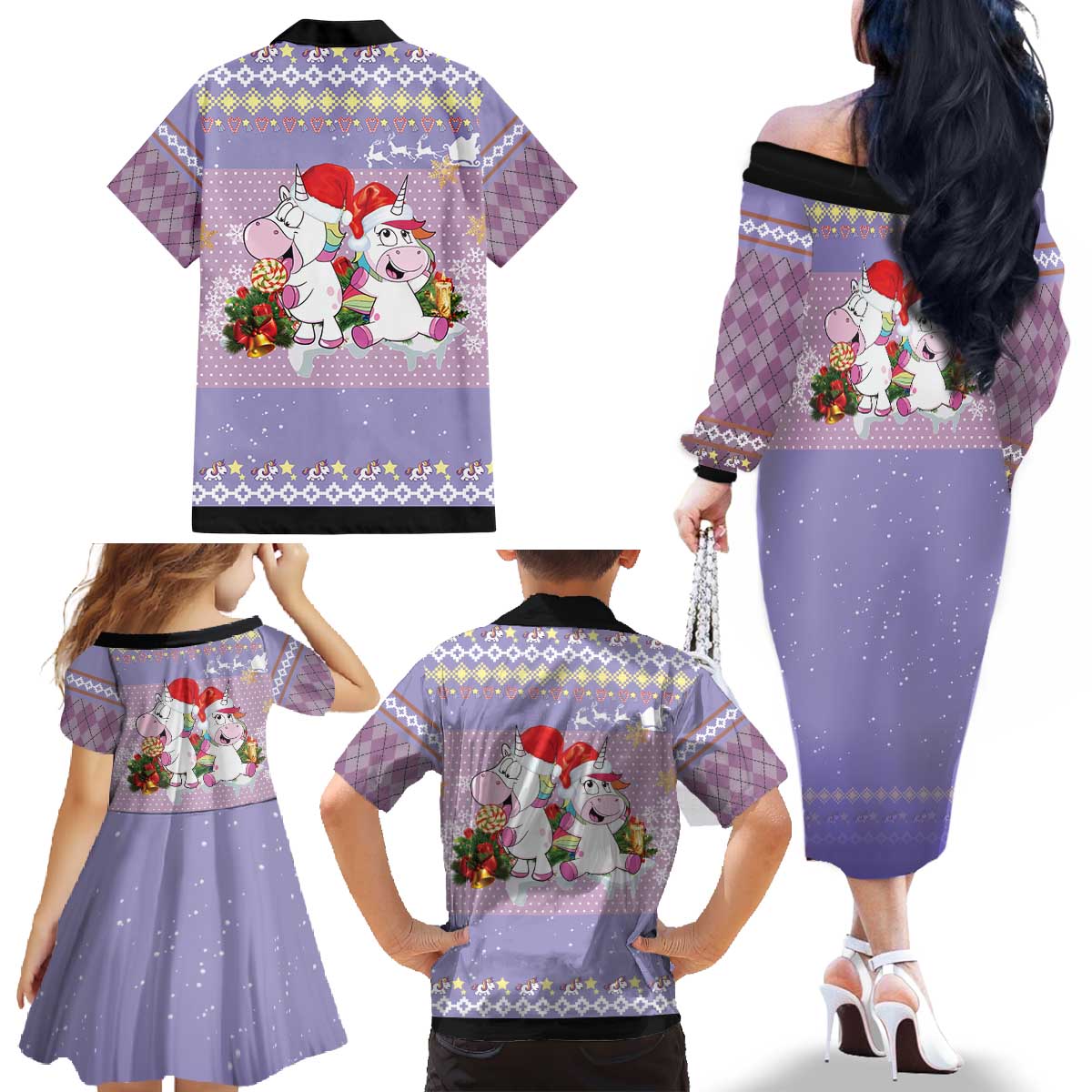 Unicorn Naughty List Family Matching Off The Shoulder Long Sleeve Dress and Hawaiian Shirt Christmas Funny - Wonder Print Shop