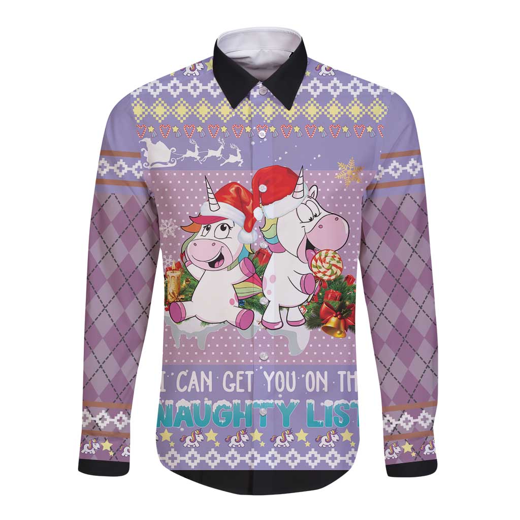 Unicorn Naughty List Long Sleeve Button Shirt Christmas Funny - Wonder Print Shop