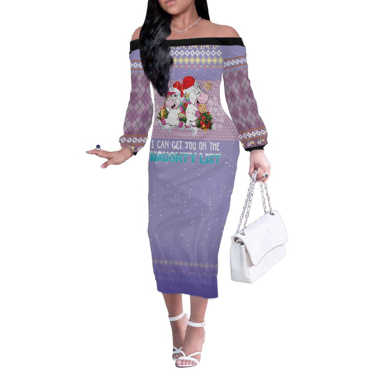 Unicorn Naughty List Off The Shoulder Long Sleeve Dress Christmas Funny - Wonder Print Shop
