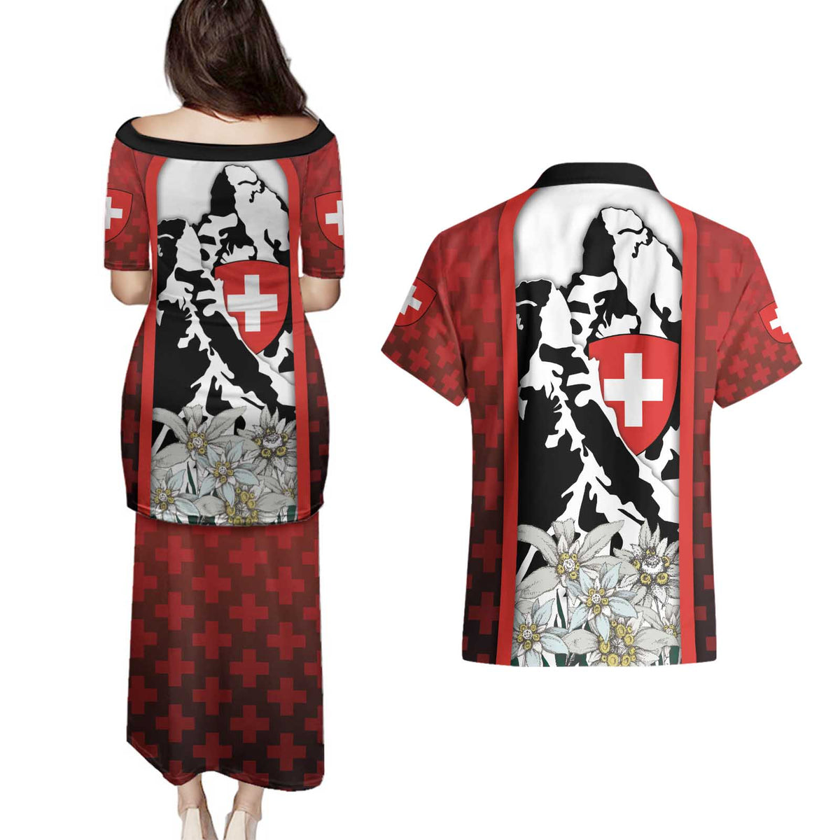 Switzerland Bernese Mountain Dog Couples Matching Puletasi and Hawaiian Shirt Edelweiss Coat Of Arms