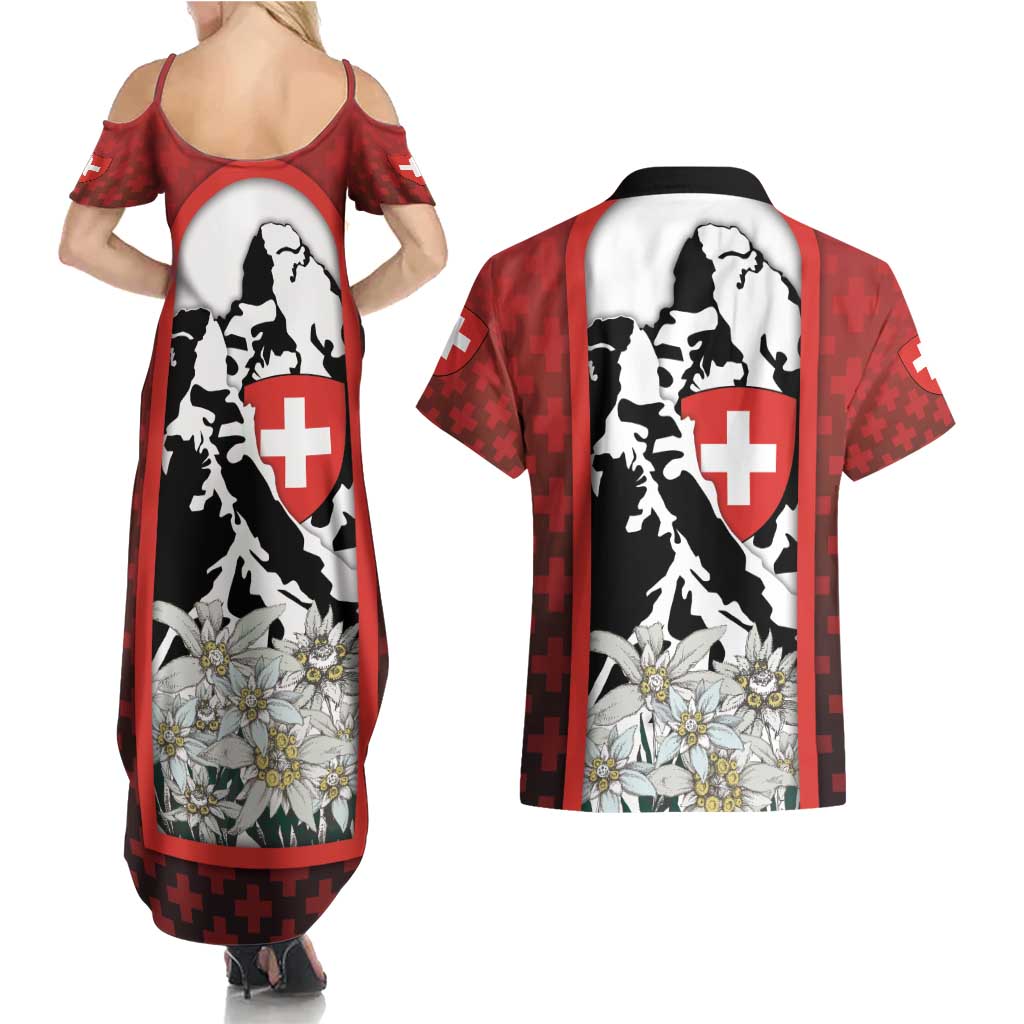 Switzerland Bernese Mountain Dog Couples Matching Summer Maxi Dress and Hawaiian Shirt Edelweiss Coat Of Arms