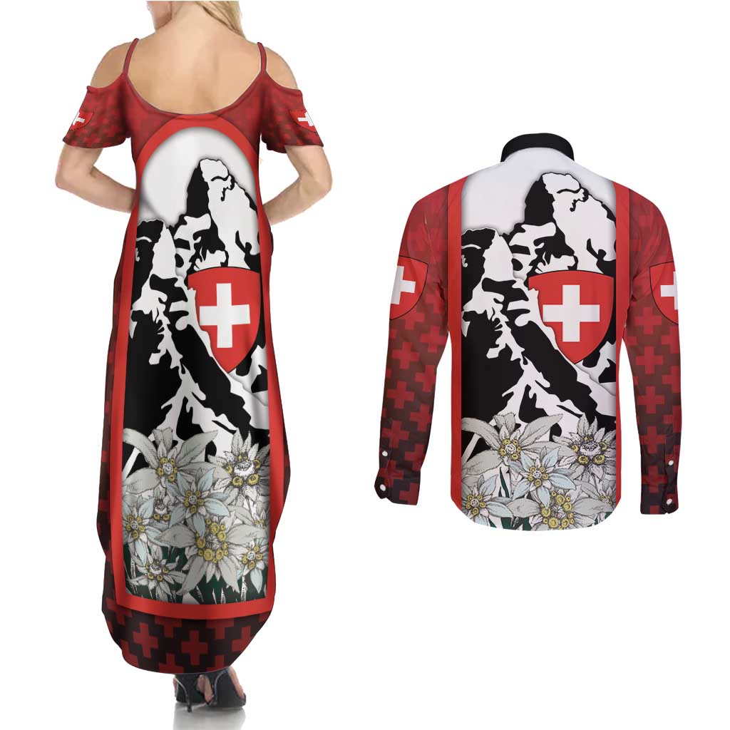 Switzerland Bernese Mountain Dog Couples Matching Summer Maxi Dress and Long Sleeve Button Shirt Edelweiss Coat Of Arms