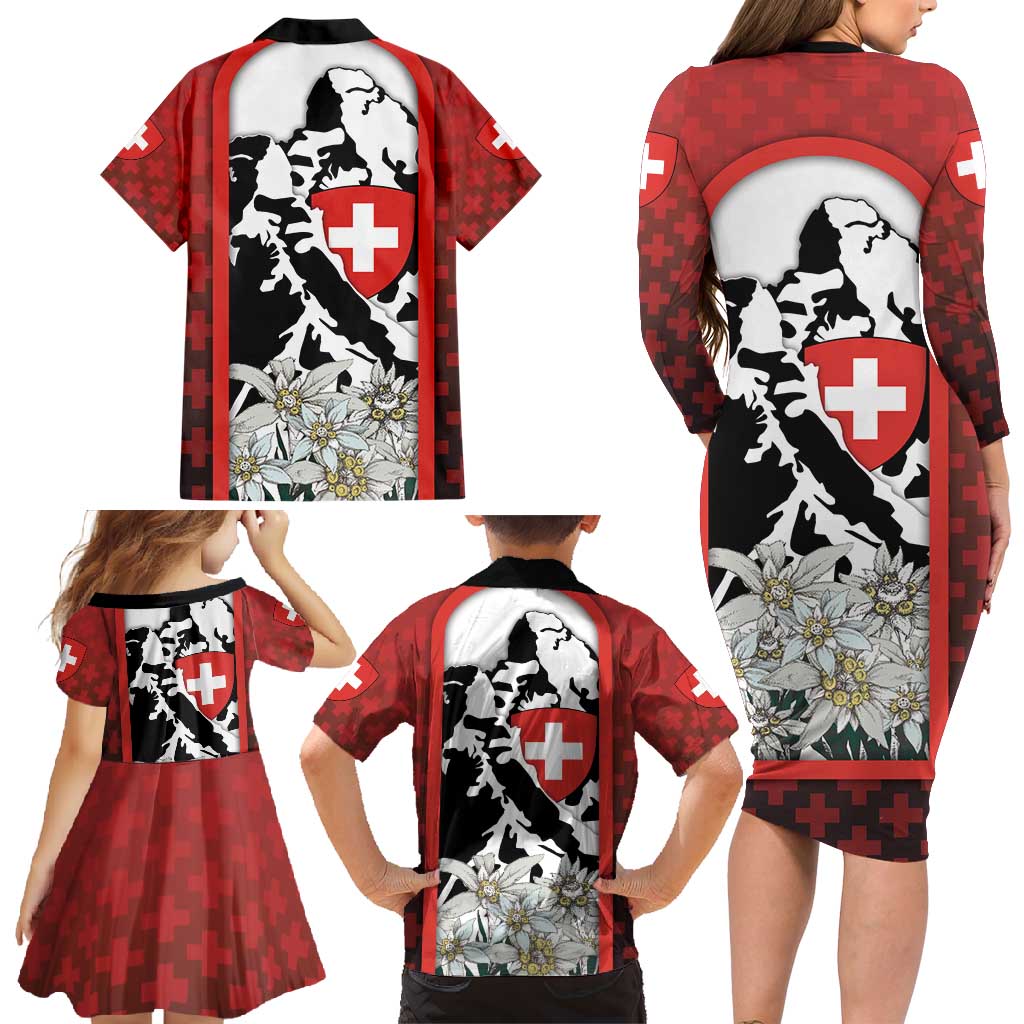 Switzerland Bernese Mountain Dog Family Matching Long Sleeve Bodycon Dress and Hawaiian Shirt Edelweiss Coat Of Arms