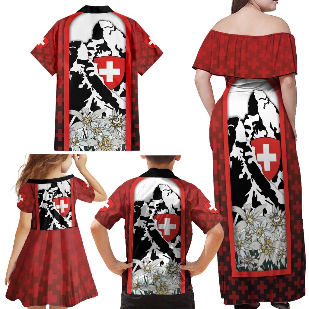 Switzerland Bernese Mountain Dog Family Matching Off Shoulder Maxi Dress and Hawaiian Shirt Edelweiss Coat Of Arms