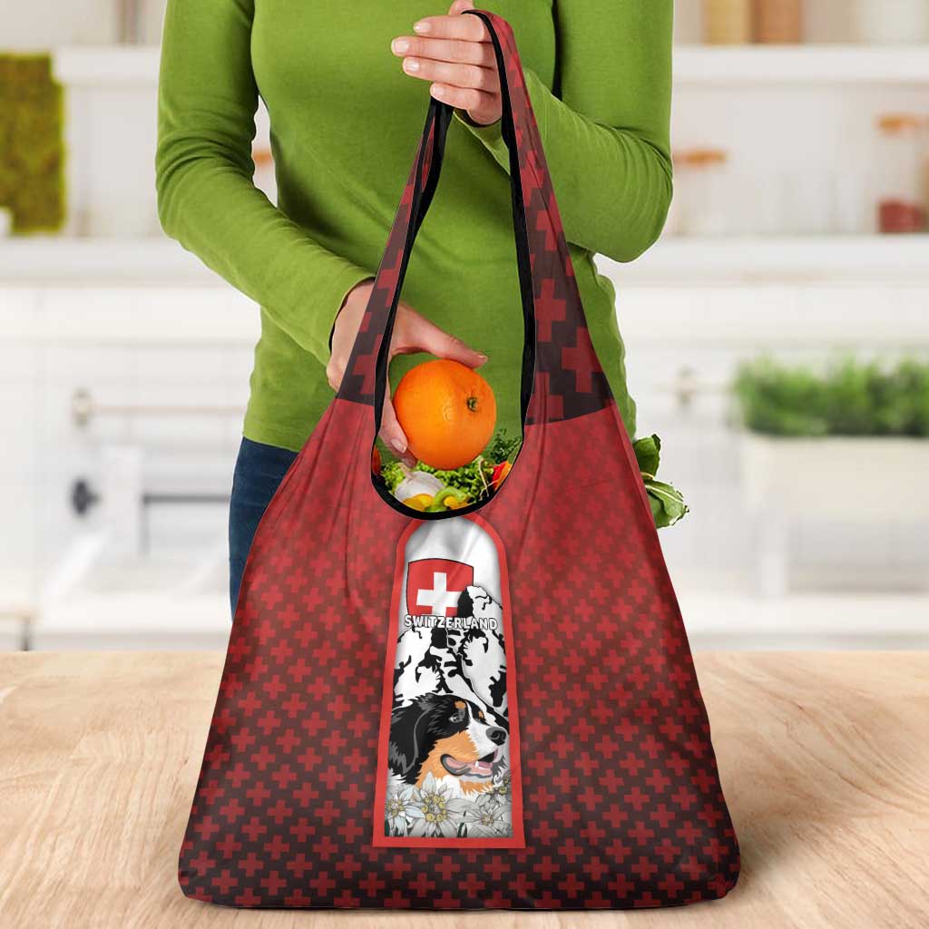 Switzerland Bernese Mountain Dog Grocery Bag Edelweiss Coat Of Arms