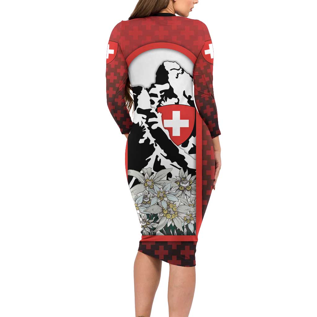 Switzerland Bernese Mountain Dog Long Sleeve Bodycon Dress Edelweiss Coat Of Arms