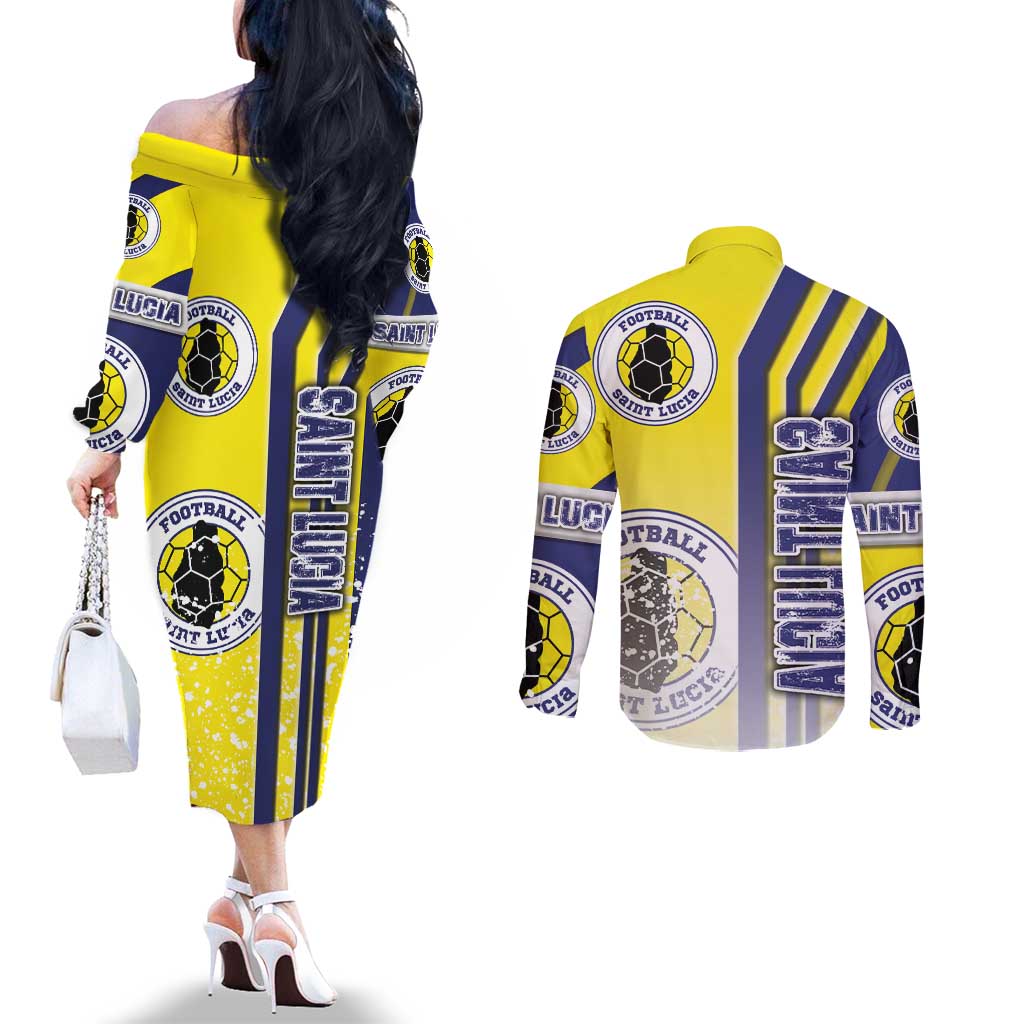 Saint Lucia Football Couples Matching Off The Shoulder Long Sleeve Dress and Long Sleeve Button Shirt Piton Boyz Soccer - Road To Champion